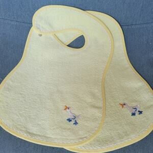 Embroidered Goose Terry Cloth Baby Bib White Yellow Vintage Inspired 2 Pack NWT